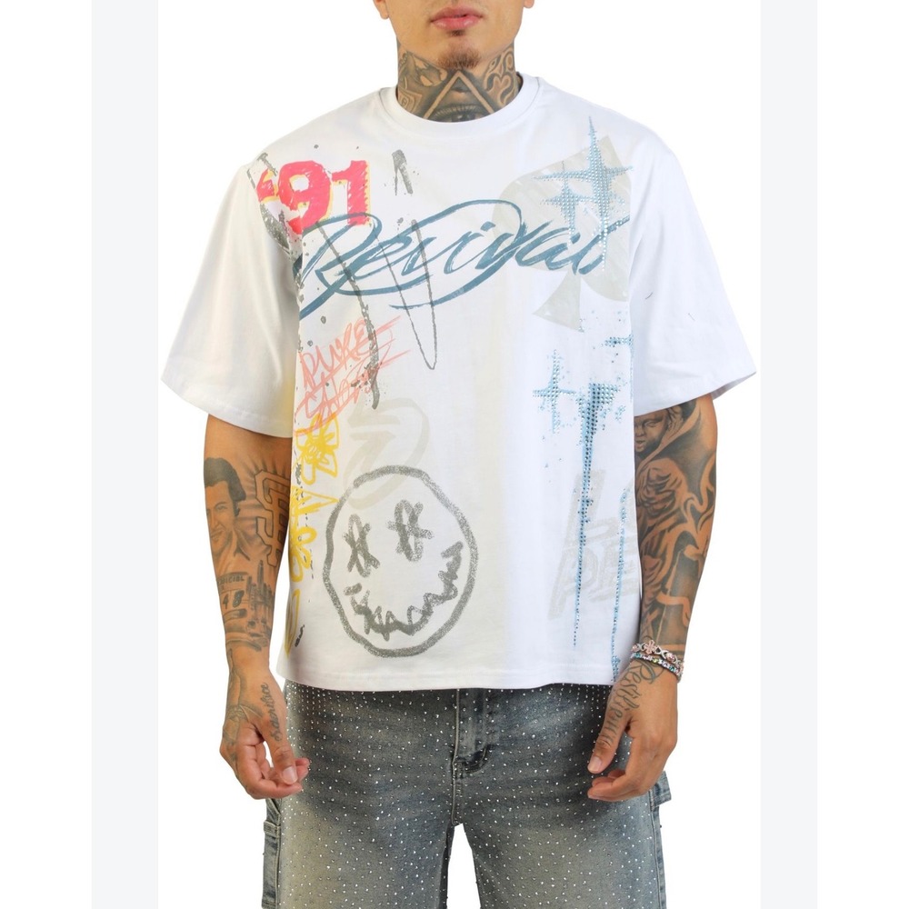 Smoke Rise Mens Revival Crash Graphic Rhinestone T-Shirt White XL Streetwear